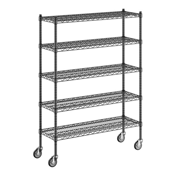 A white background with a black wireframe Regency mobile wire shelving unit with wheels.