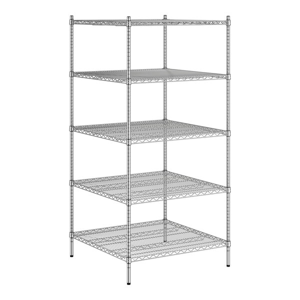 A white wireframe Regency metal shelving unit with four shelves.