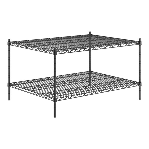 A Regency black wire shelving unit with 2 shelves.
