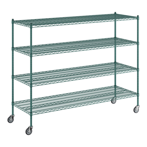 A Regency green wire shelving unit with four shelves.