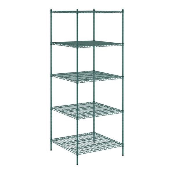 A Regency green wire shelving unit with five shelves.