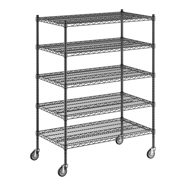 A Regency black wire shelving starter kit with 5 shelves and wheels.