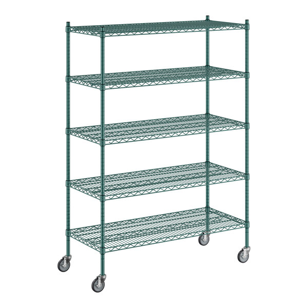 A green metal wire shelving unit with 5 shelves.