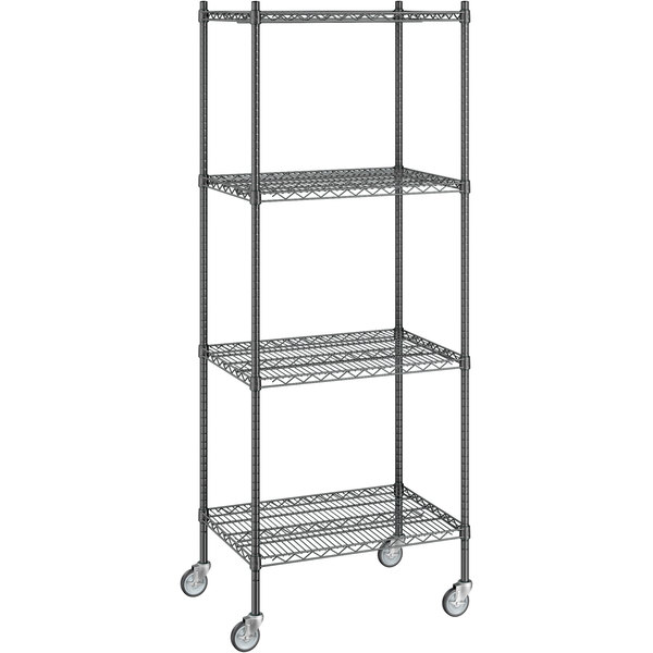 Regency 21" x 30" x 80" NSF Black Epoxy Mobile Wire Shelving Starter Kit with 4 Shelves