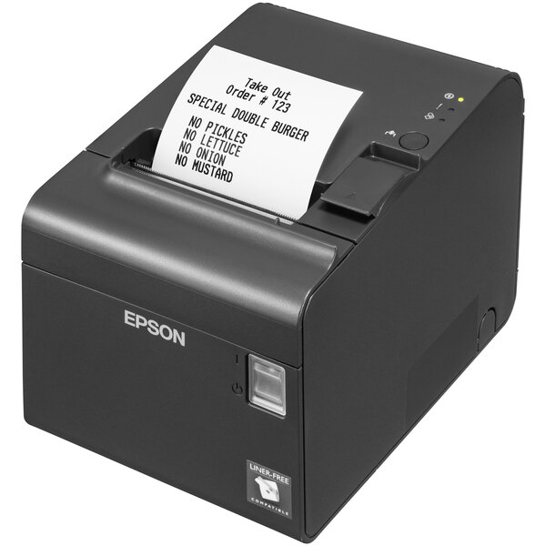 An Epson dark gray label printer with a white paper in it.