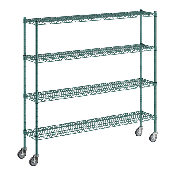 A green metal wire shelving unit on wheels.