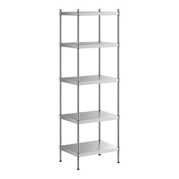 A Regency stainless steel stationary shelving unit with four shelves.