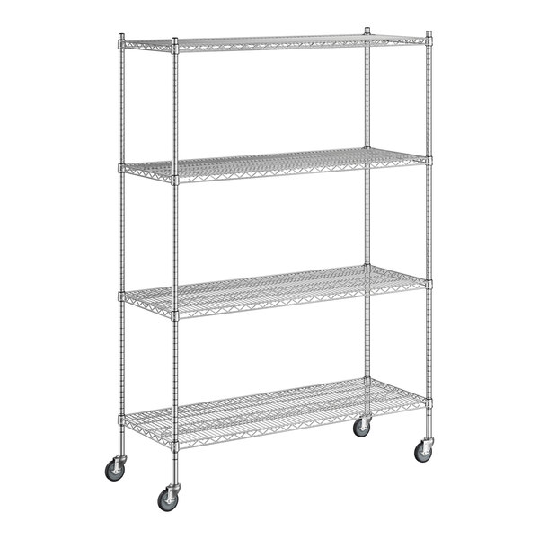 A white wireframe of a Regency chrome mobile shelving unit with wheels.
