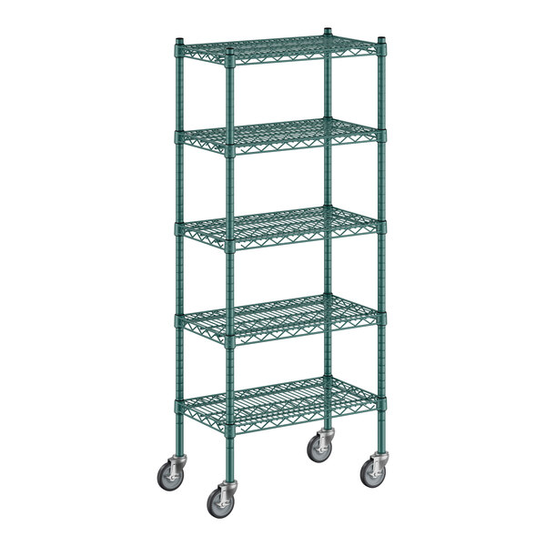 A Regency green wire shelving unit with wheels.