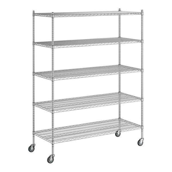 A wireframe of a Regency stainless steel wire shelving unit with five shelves.