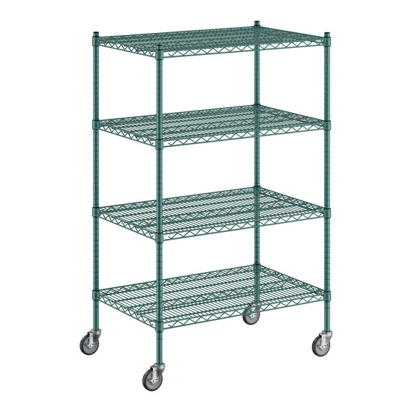 A green metal wire shelving cart with wheels.
