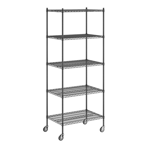 A Regency black wire shelving unit with wheels and five shelves.