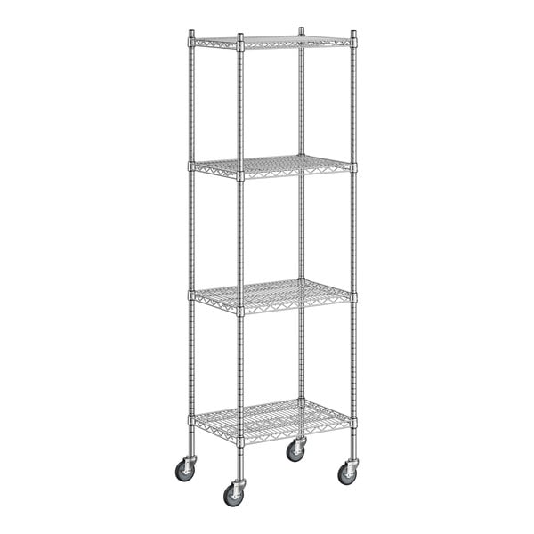 A Regency chrome wire shelving unit with wheels.