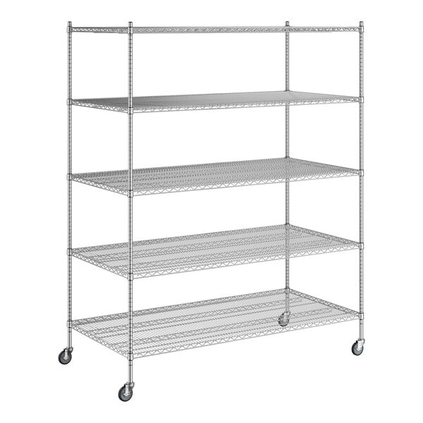 A Regency chrome mobile wire shelving unit with four shelves.
