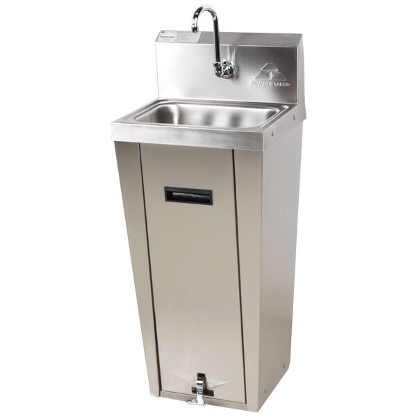 An Advance Tabco stainless steel hands free hand sink with a stainless steel faucet.