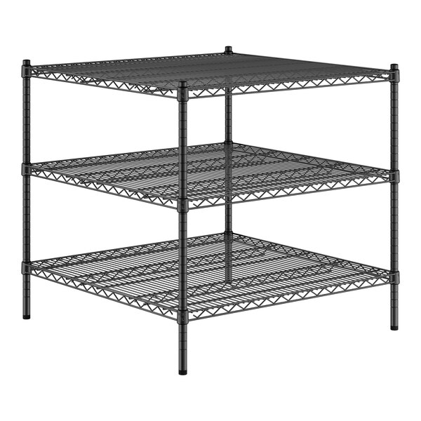 A black Regency wire shelving unit with three shelves.