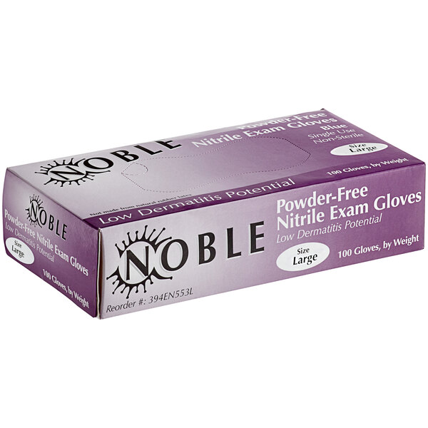 A purple box of Noble powder-free nitrile gloves on a counter.