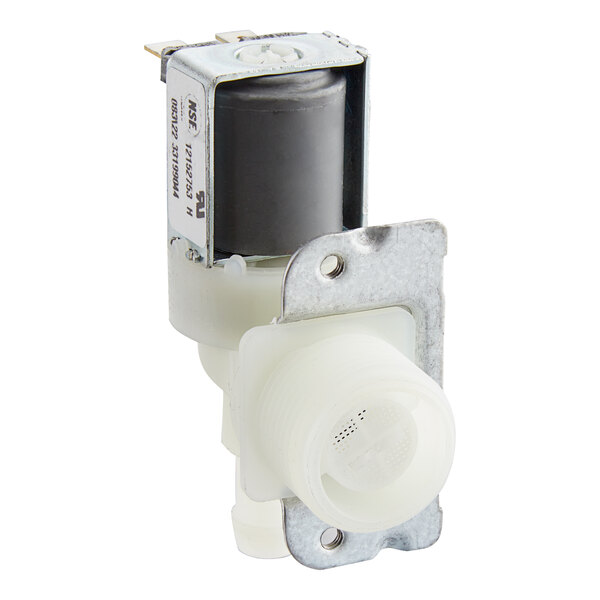 A white plastic Main Street Equipment electrovalve with a black cap.