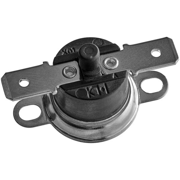 A black and silver metal Noble Warewashing safety thermostat with two screws.