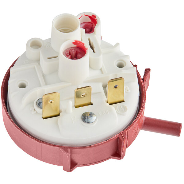 A red and white Main Street Equipment pressure switch with two red and white wires.