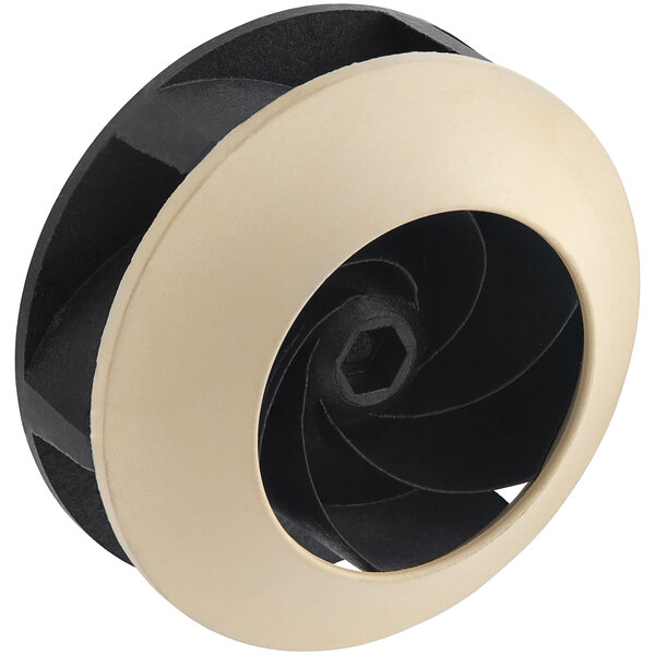 A beige and black plastic Main Street Equipment turbine with a circular object.