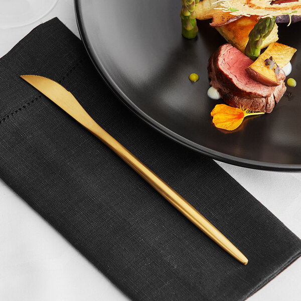 An Acopa Odin brushed stainless steel dinner knife on a black plate with a piece of meat and potatoes.