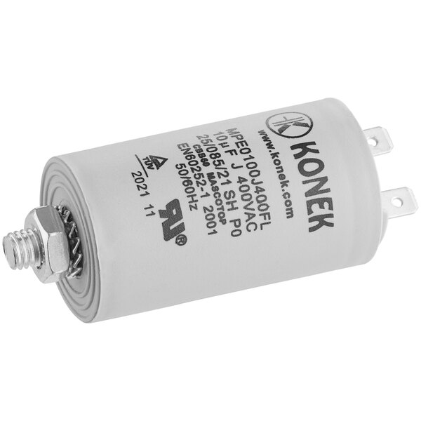A white Main Street Equipment capacitor with black text on the tube.
