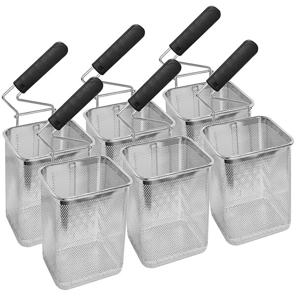 A group of Arcobaleno stainless steel pasta cooker baskets with metal handles.