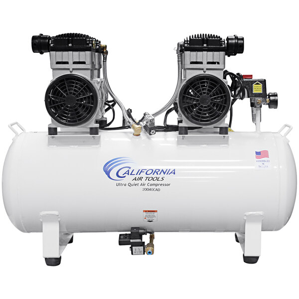 A white California Air Tools air compressor with two air pumps.
