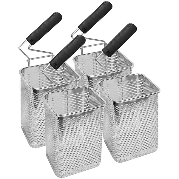 Three stainless steel pasta cooker baskets with black handles.