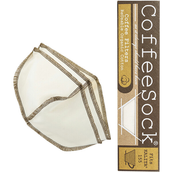 A white and brown box with two CoffeeSock Kalita Wave 155 reusable coffee filters inside.
