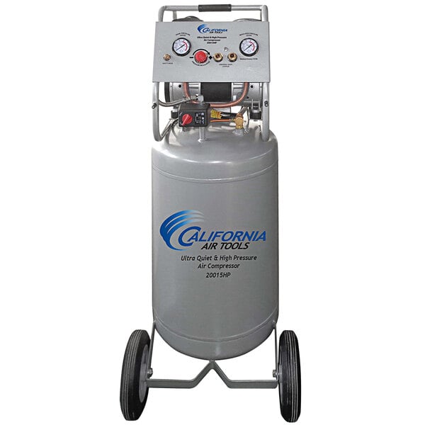 A grey California Air Tools air compressor on wheels with a steel tank.