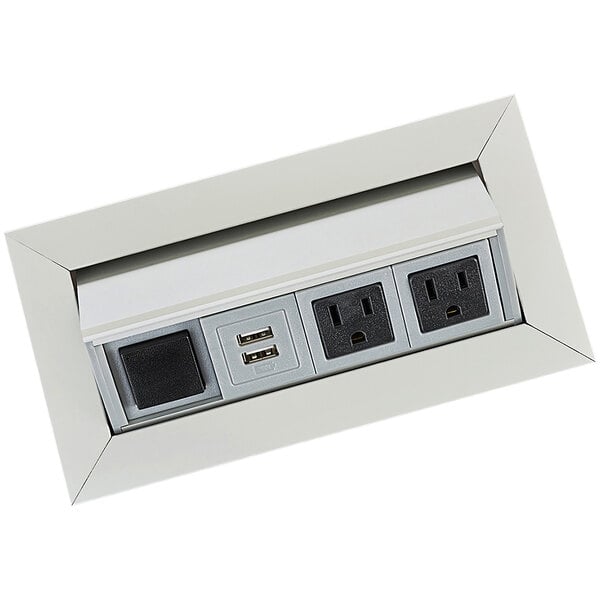 A Safco silver rectangular wall outlet with 1 data, 2 power, and 2 USB outlets.