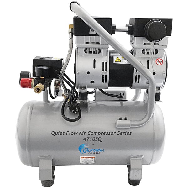 A grey and black California Air Tools Quiet Flow air compressor with a steel tank.