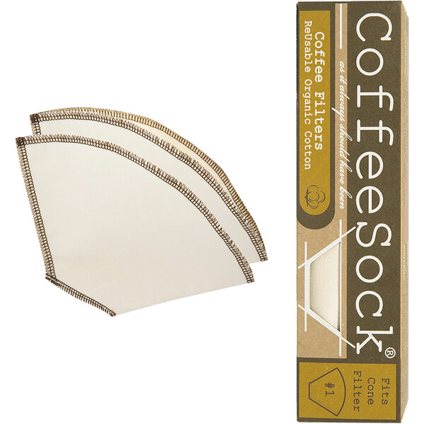 A white CoffeeSock reusable coffee filter with brown stitching in a brown and white package.