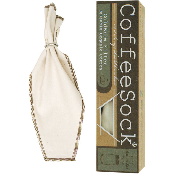 A white cloth CoffeeSock with brown stitching in a brown box with white text.