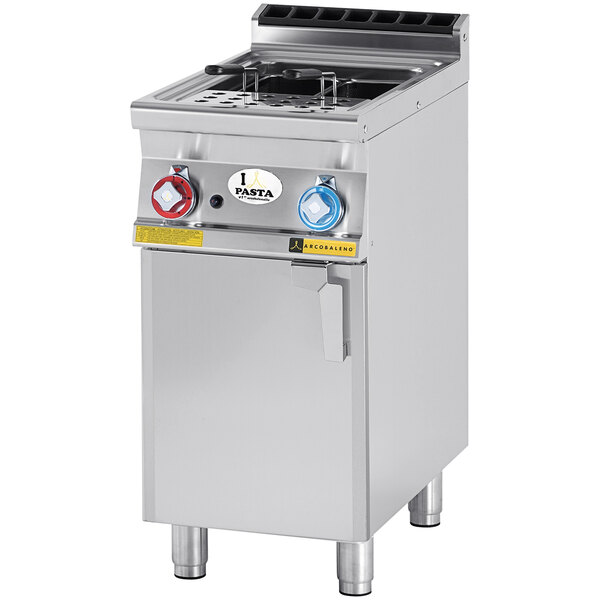 An Arcobaleno Aurora natural gas pasta cooker on a stainless steel counter.