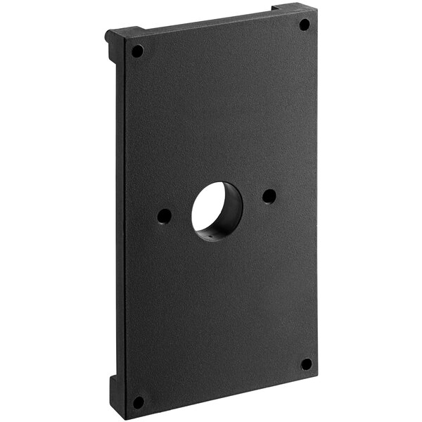 A black rectangular metal bracket with holes.