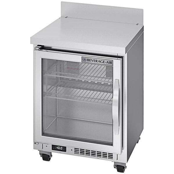 A silver Beverage-Air worktop freezer with a left-hinged glass door.
