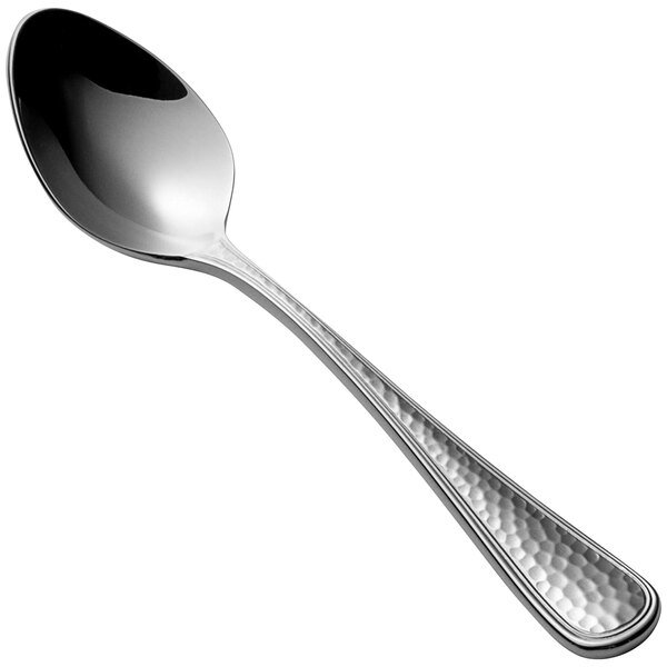A Bon Chef stainless steel demitasse spoon with a textured handle.