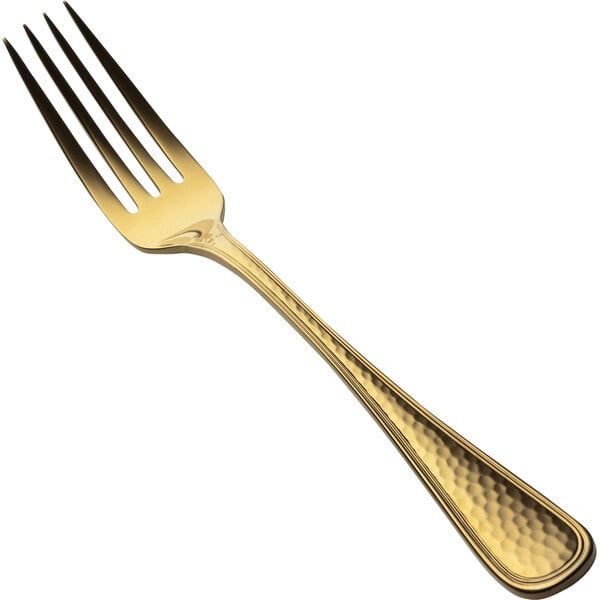 A close-up of a Bon Chef gold salad fork with a gold handle.