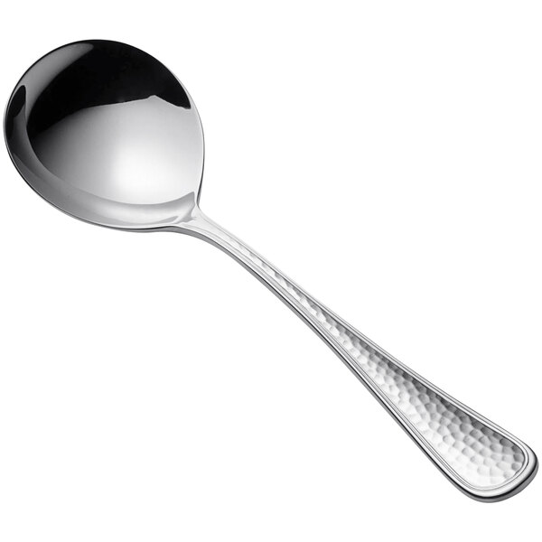 A Bon Chef stainless steel bouillon spoon with a black handle.