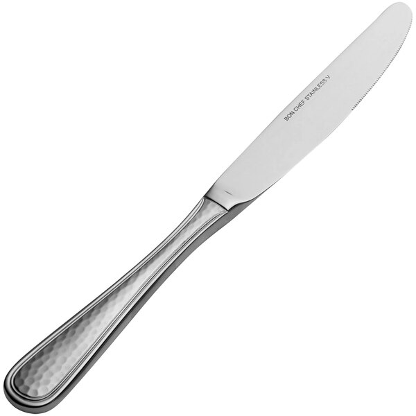 A silver Bon Chef dinner knife with a textured handle.