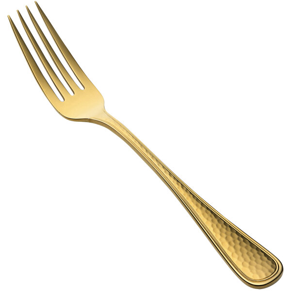 A close-up of the handle of a Bon Chef Positano gold European dinner fork.