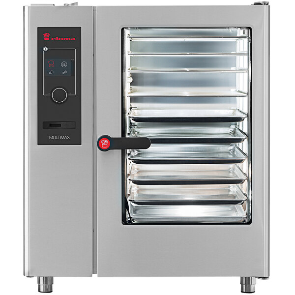 A large Eloma electric combi oven with trays inside.