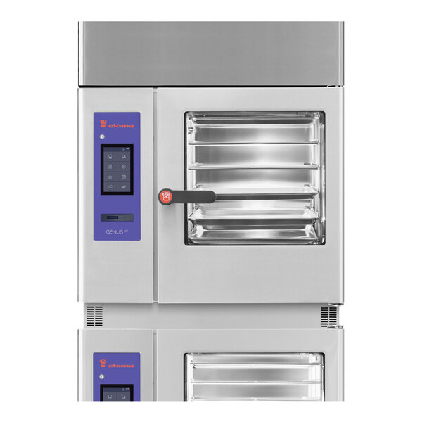 The Eloma Multi-Eco condensation hood for a right hinged stacked combi steamer.