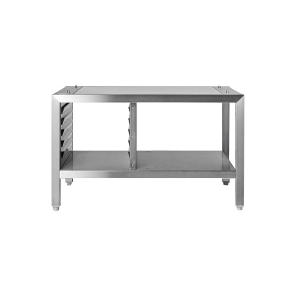 A silver metal support stand for Eloma combi ovens.