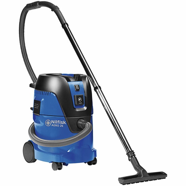 A blue and black Nilfisk AERO wet/dry vacuum cleaner.