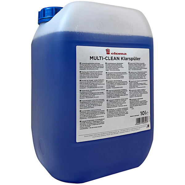 A blue plastic container of Eloma Multi-Clean liquid rinse aid.