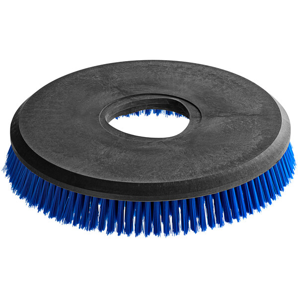 A circular black and blue Nilfisk disc scrub brush with blue bristles.